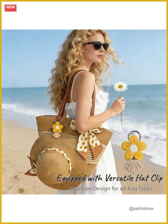 Straw Wide Brim Sun Hat & Woven Bag Set with Clip